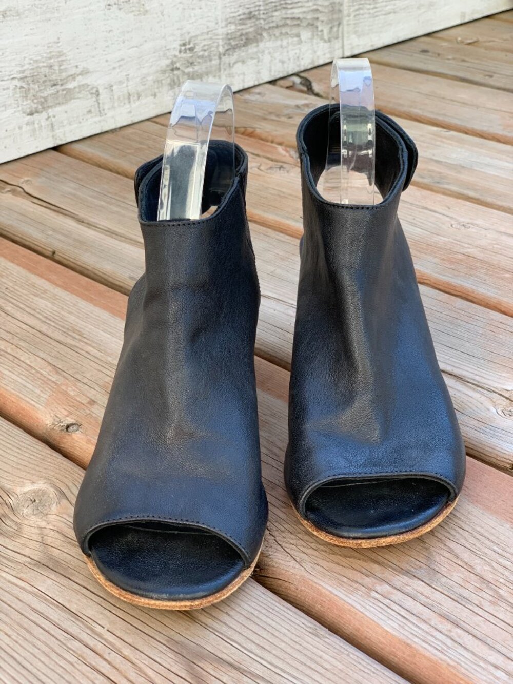 Mimosa Ankle Boots 7.5 Black Leather Mid Block Heel Peep Toe Slingback Booties